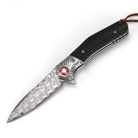 Folding Knife Damascus Small Cutter Anti-height Hardness Ebony Handle Survive In The Wild (Color: black)